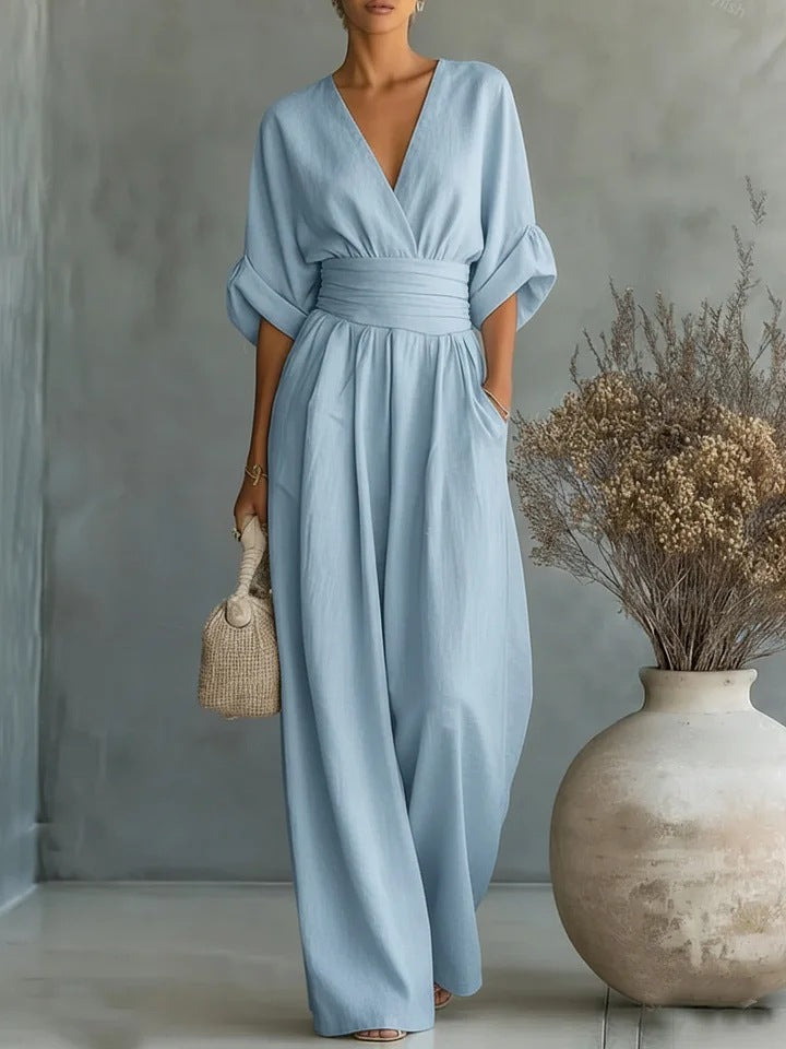 Damen-Boho-Jumpsuit mit weitem Bein, hoher Taille und V-Ausschnitt