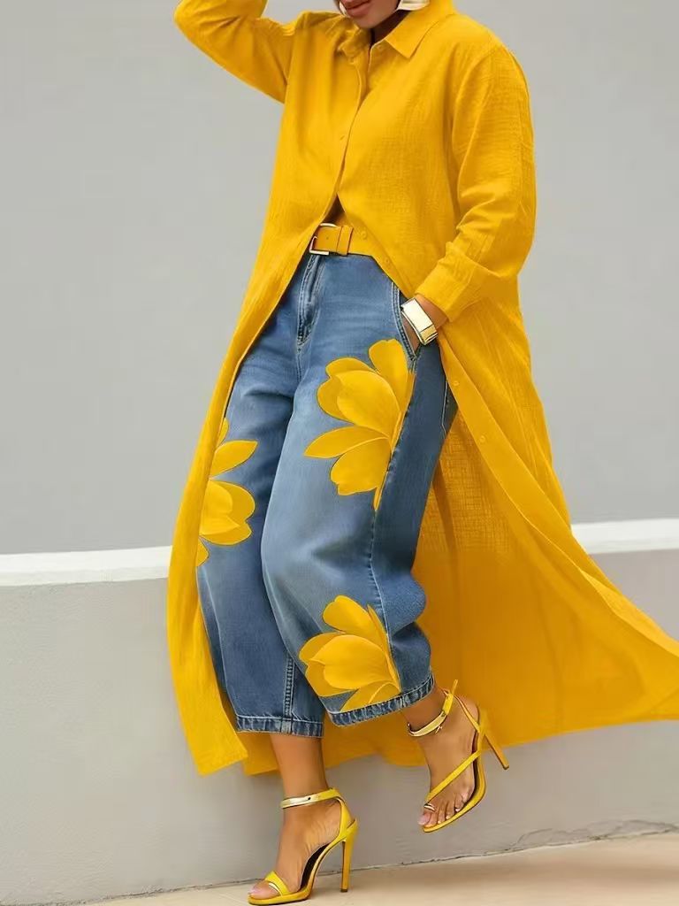 Chiara - Blumiges Hemdblusenkleid aus Denim im Set