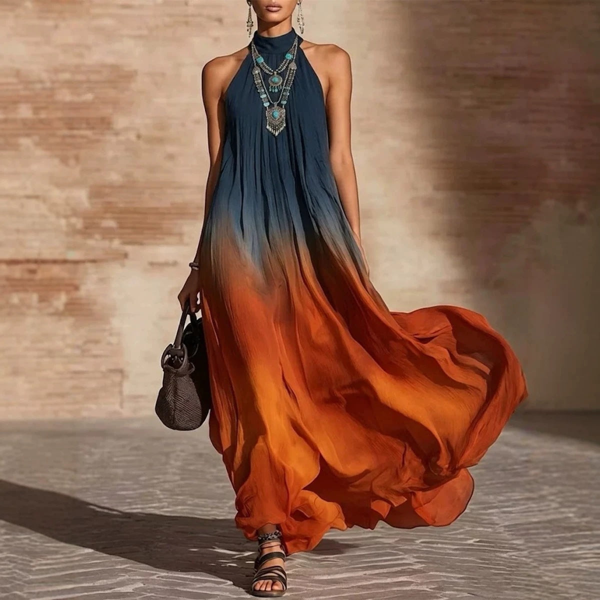 Paula | Vestido maxi com efeito ombre, decote à volta do pescoço e decote em V
