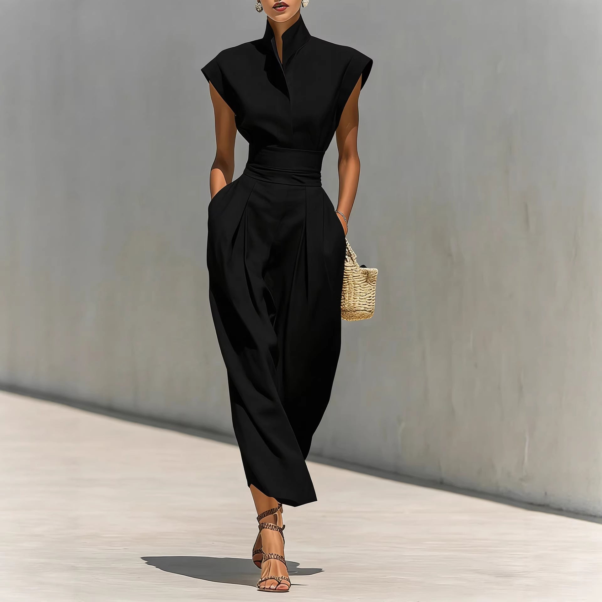 Damen Reine Baumwolle Revers Ärmel Taille Maxi Kleid
