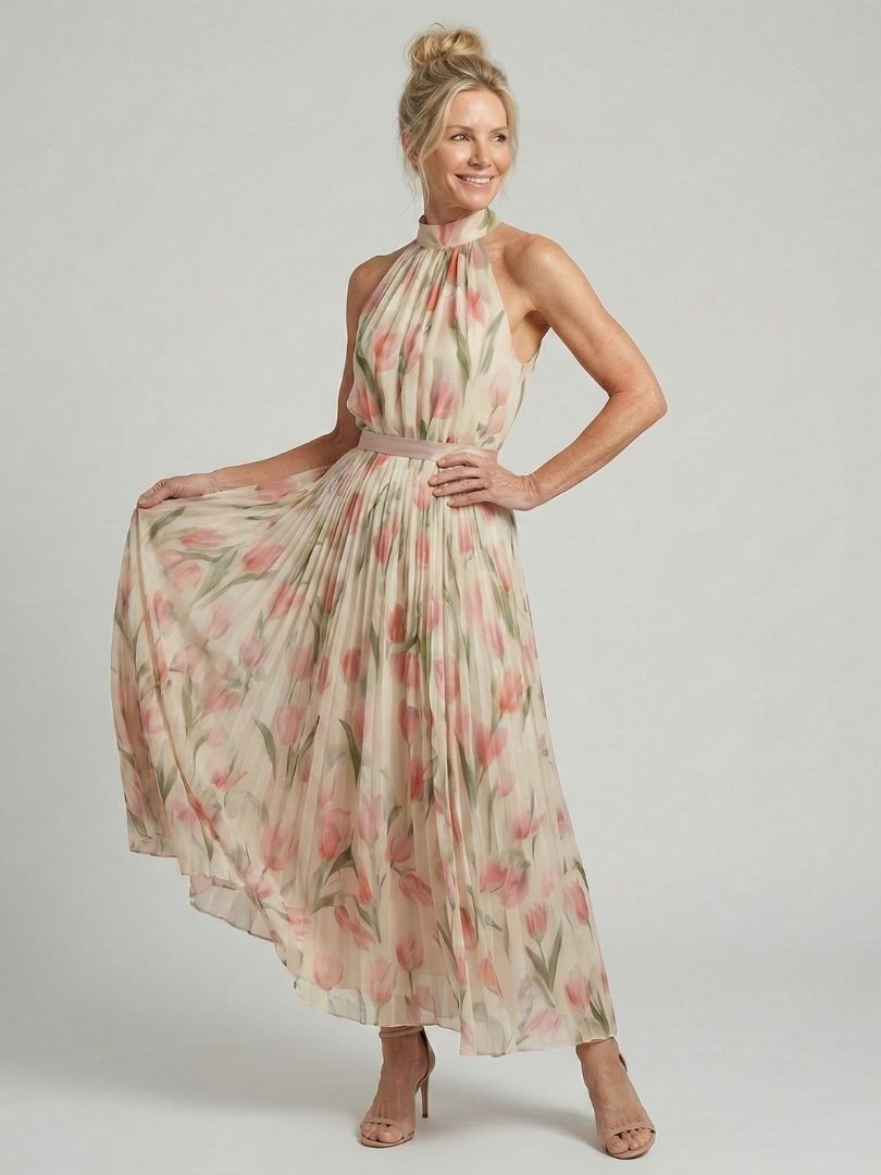 Aurelle | Blumenmuster Midi Kleid mit Neckholder