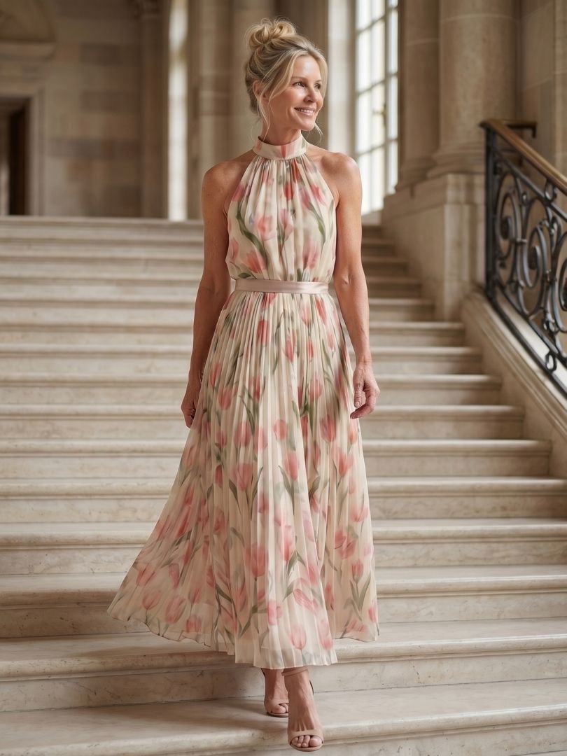 Aurelle | Blumenmuster Midi Kleid mit Neckholder