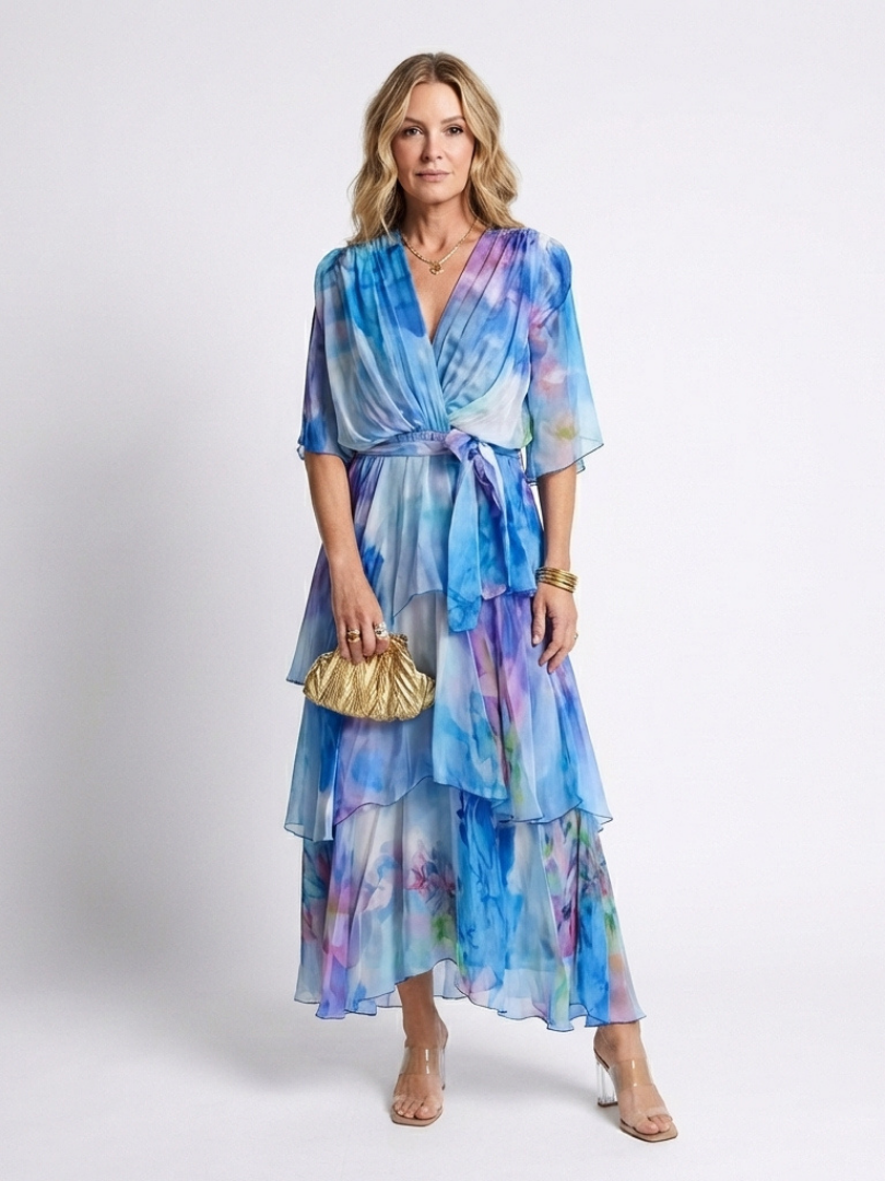 Calista | Durchsichtiges, geschichtetes V-Ausschnitt-Krawatten-Maxikleid