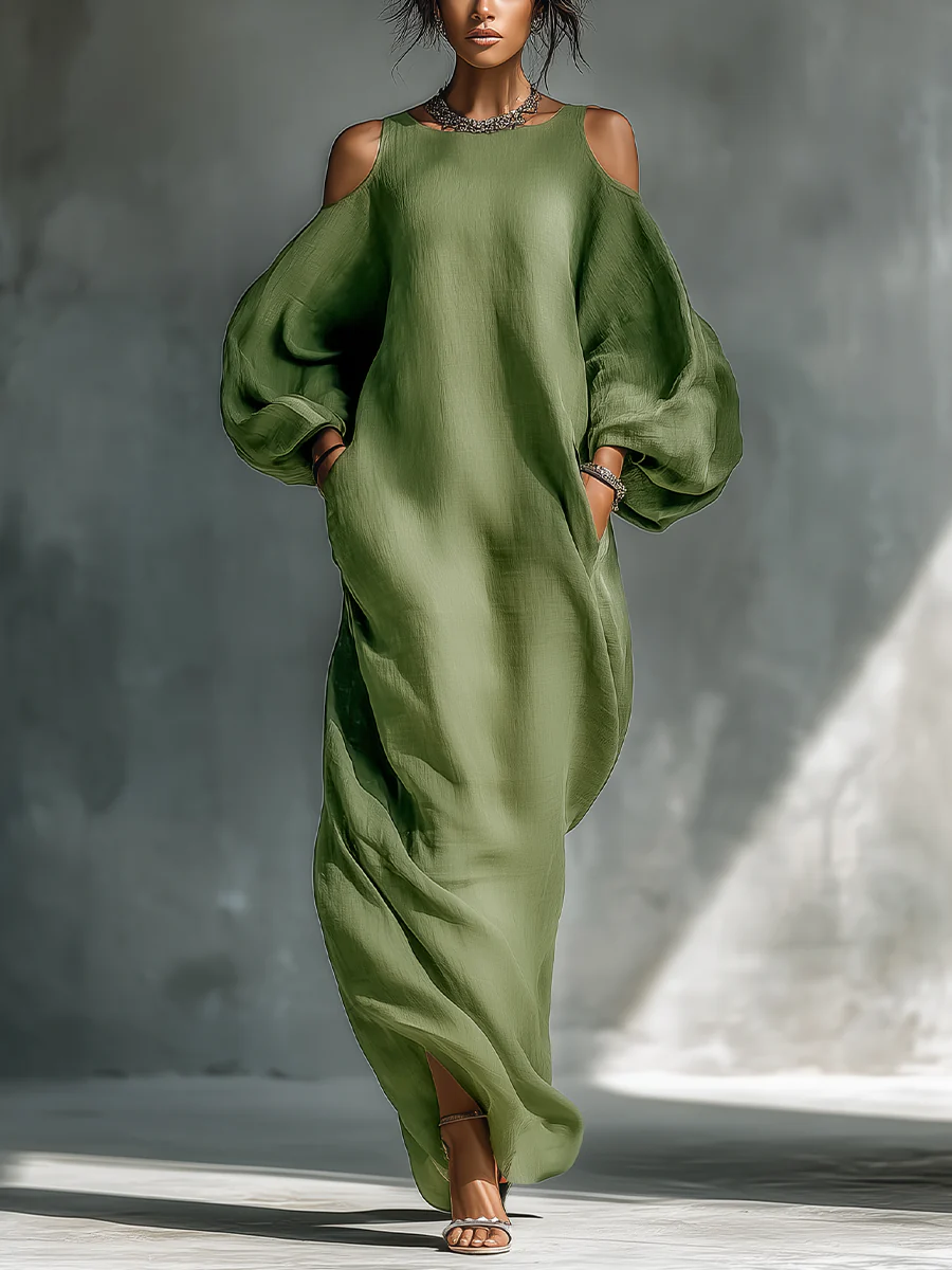 Anika | Grün Schulterfreies Maxikleid mit Puffärmeln