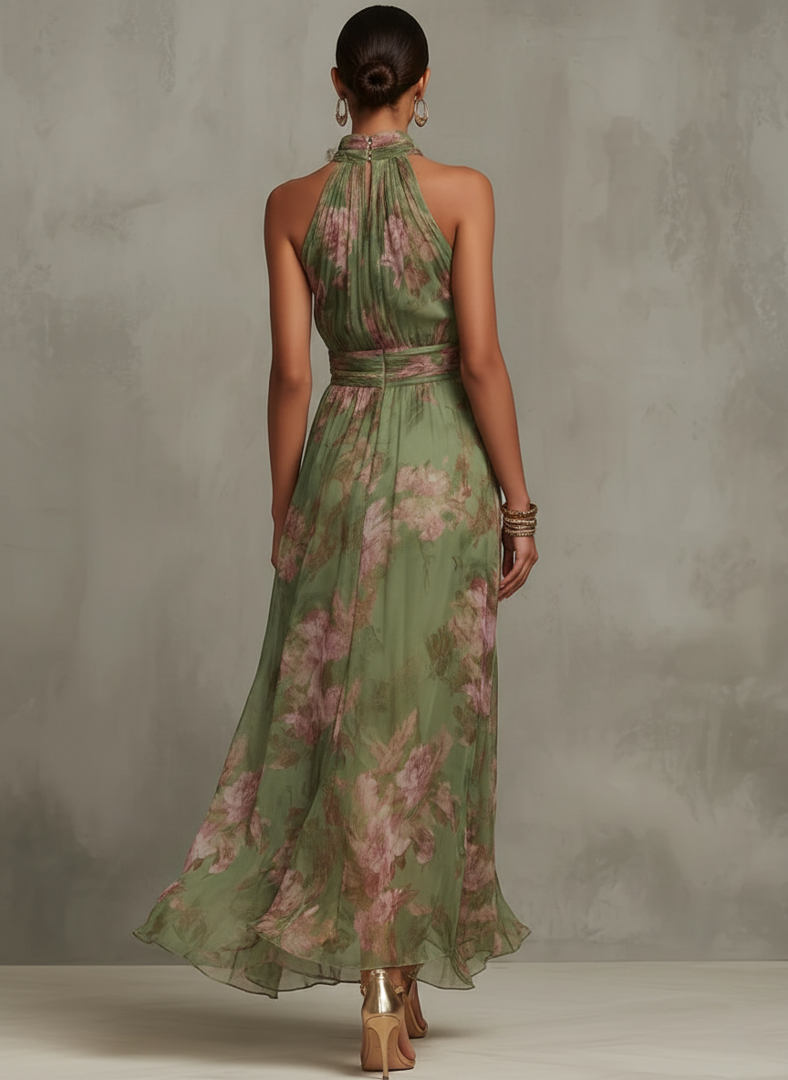 Livia | Vestido maxi elegante com decote halter e padrão floral