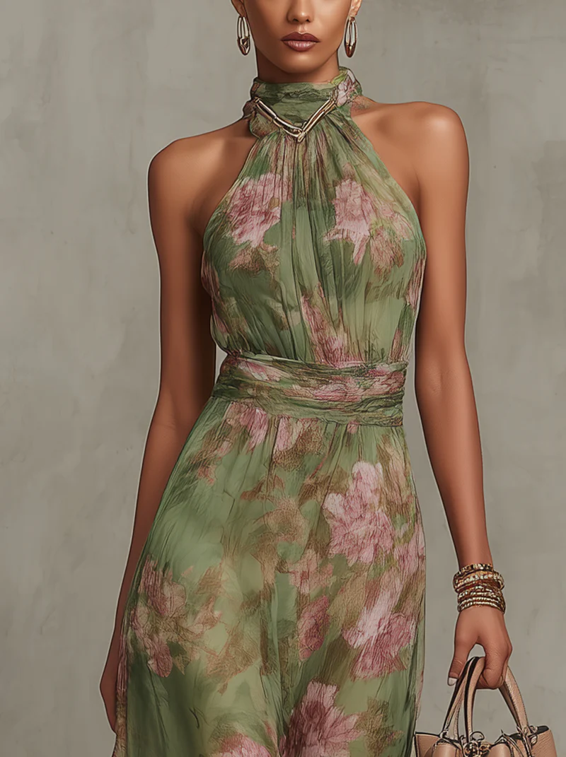 Livia | Vestido maxi elegante com decote halter e padrão floral