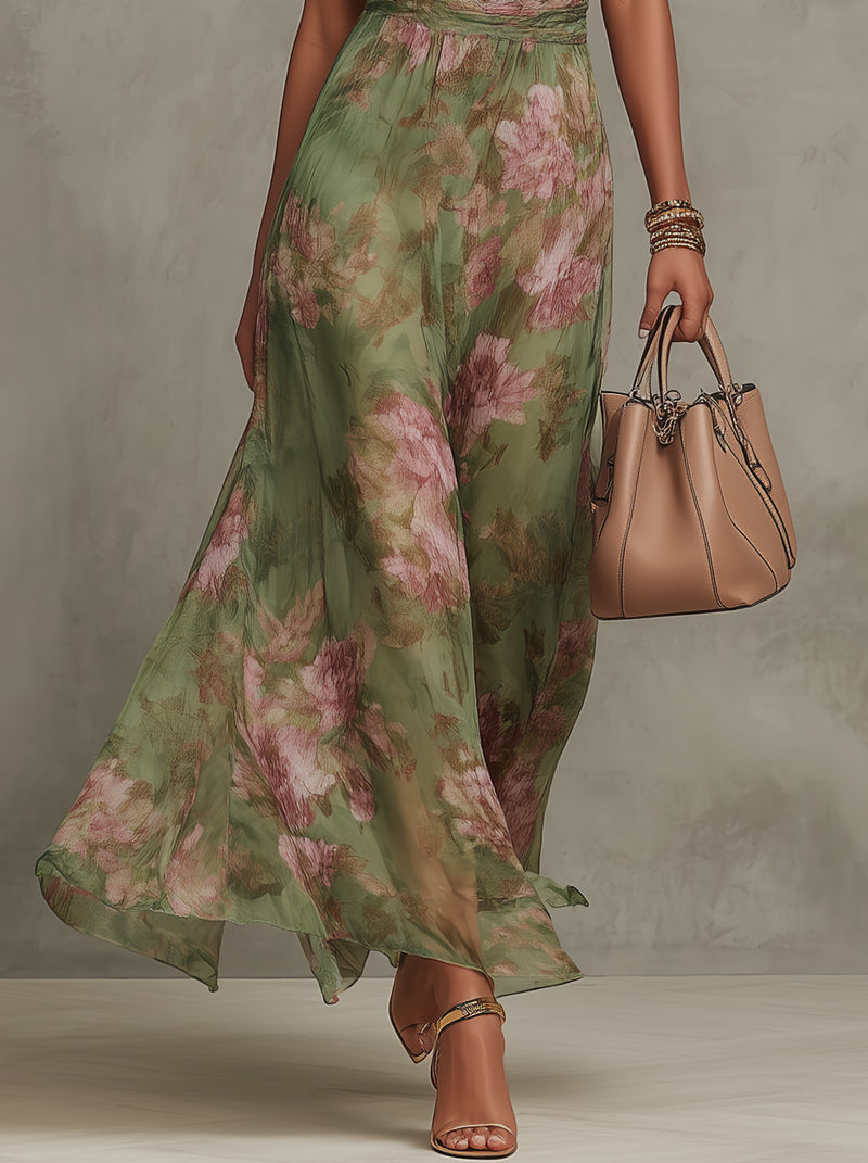 Livia | Vestido maxi elegante com decote halter e padrão floral