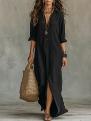 Celina - Vestido preto comprido com botões