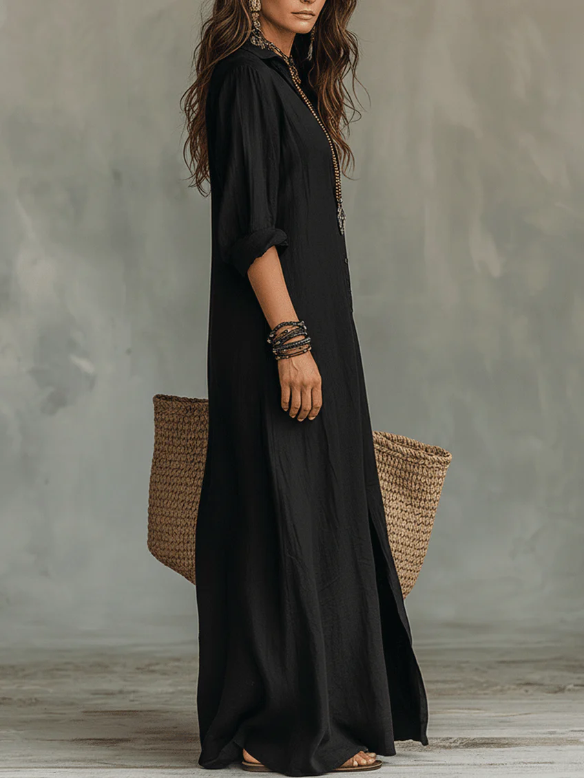 Soline™ | Locker sitzendes schwarzes Maxikleid mit Knöpfen