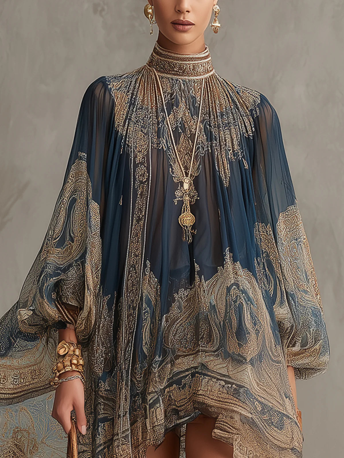 Mini-vestido de chiffon azul-marinho, com gola alta, corte irregular e estampado em estilo barroco