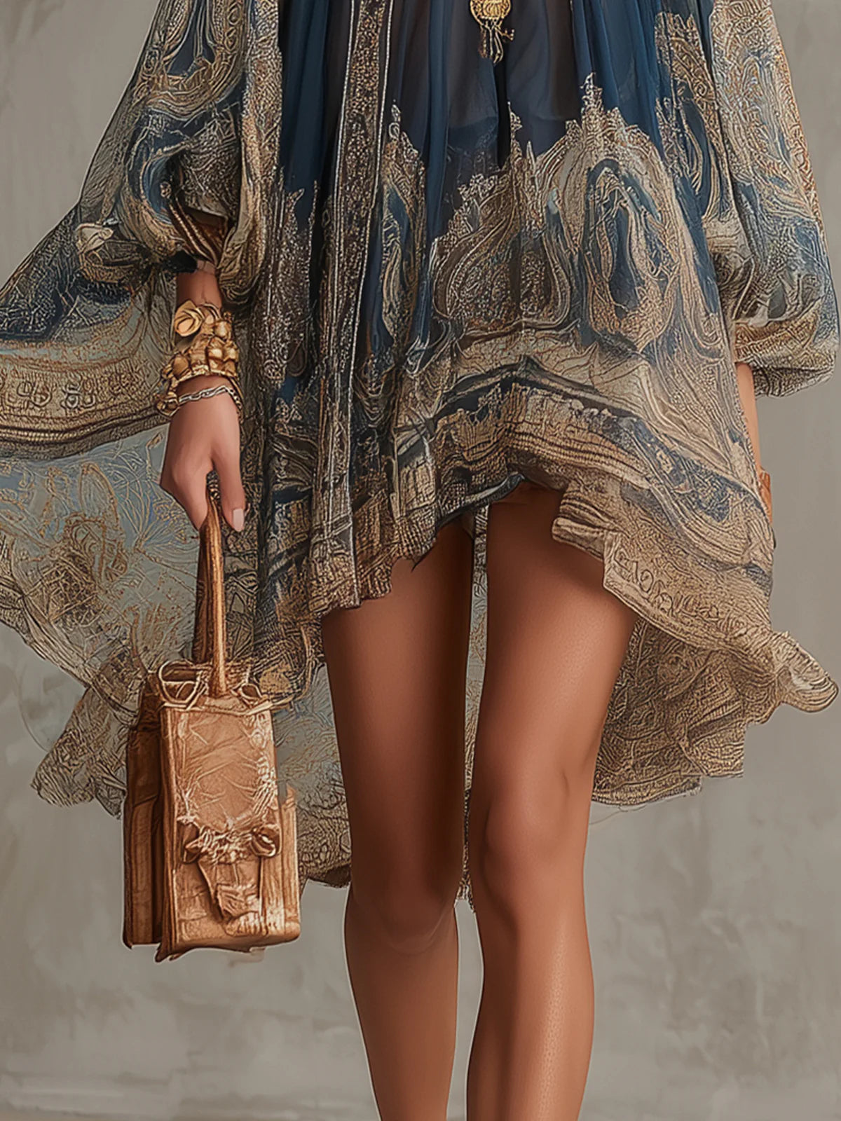 Mini-vestido de chiffon azul-marinho, com gola alta, corte irregular e estampado em estilo barroco