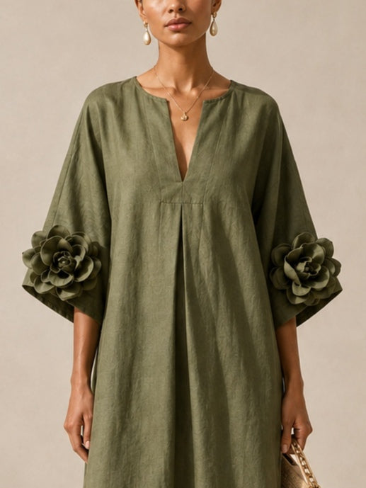 Vestido Midi Verde-Azeitona com Decote em V e Mangas Florais Marcantes