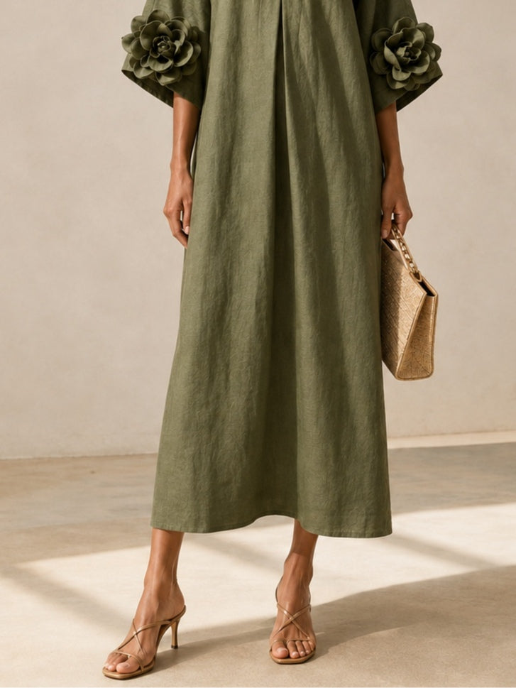 Vestido Midi Verde-Azeitona com Decote em V e Mangas Florais Marcantes