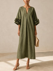 Vestido Midi Verde-Azeitona com Decote em V e Mangas Florais Marcantes