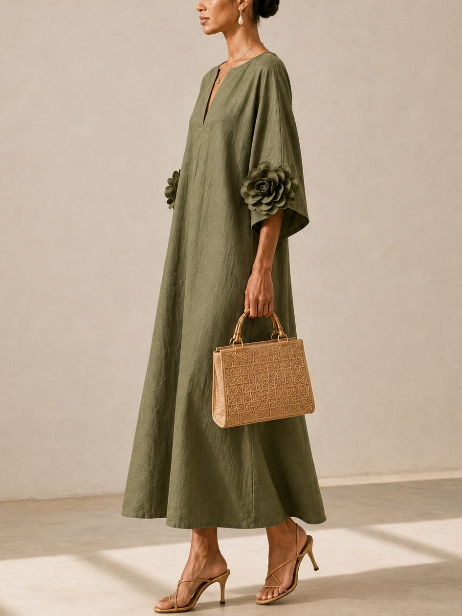 Vestido Midi Verde-Azeitona com Decote em V e Mangas Florais Marcantes