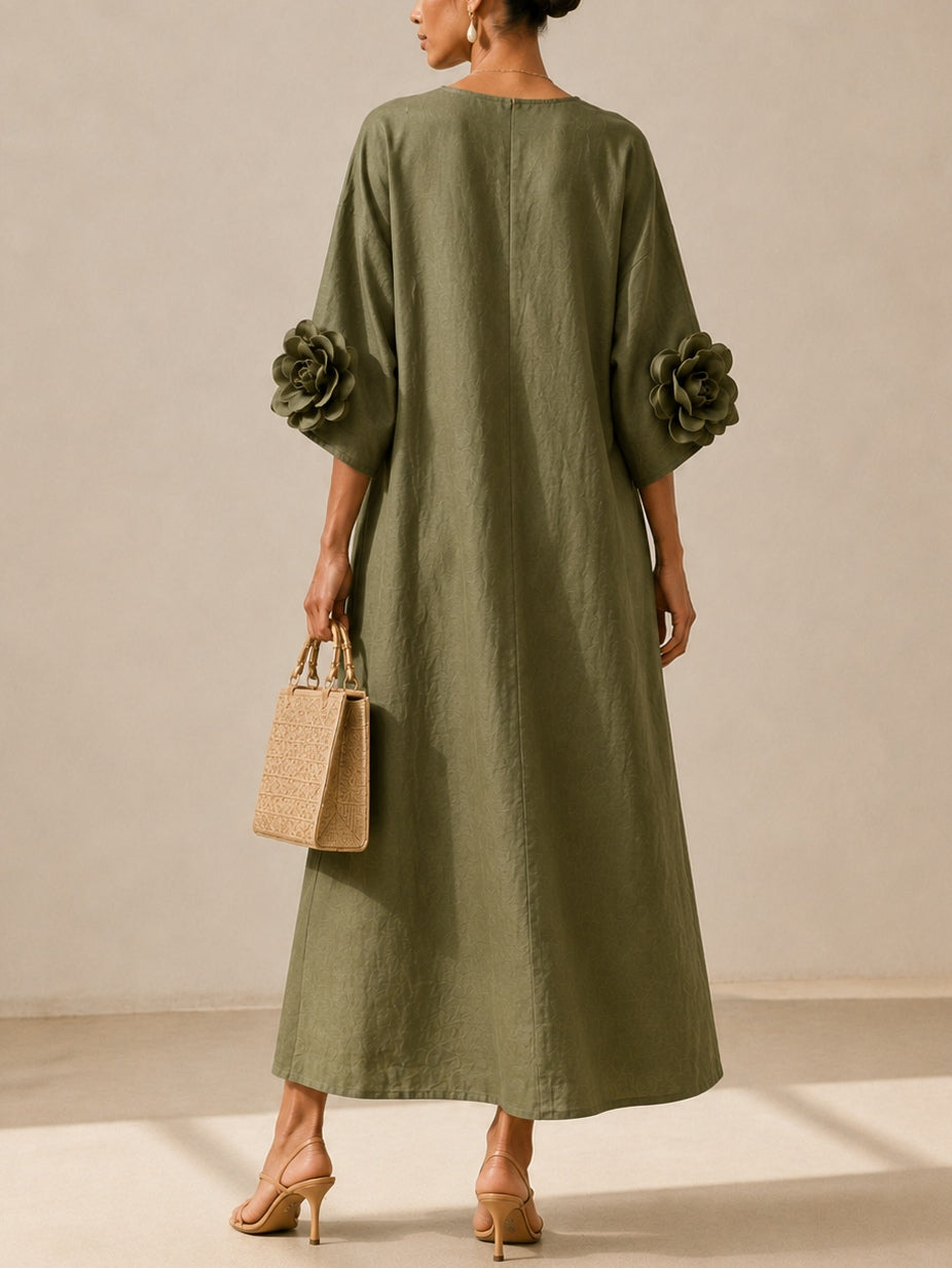 Vestido Midi Verde-Azeitona com Decote em V e Mangas Florais Marcantes