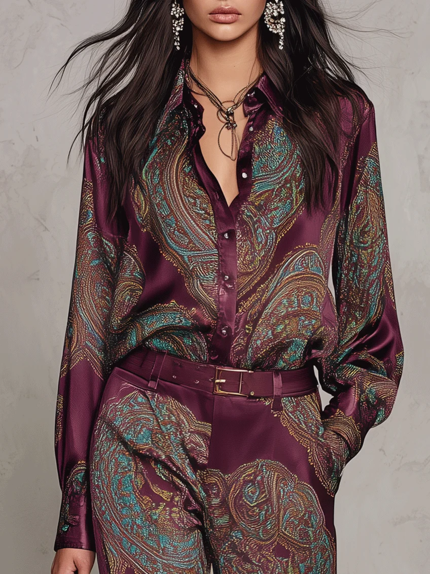 Conjunto de cetim bordô e roxo (com cinto)