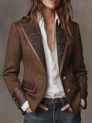 Blazer com Padrão Espinha de Peixe e Aplicações Estampadas para Mulher