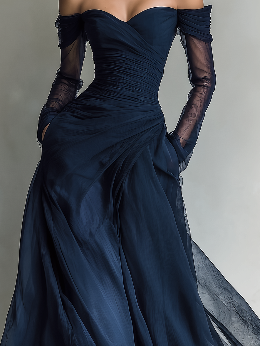 Elegantes, dunkelblaues Chiffon-Organza-Maxikleid für Damen, schulterfrei und figurbetont.