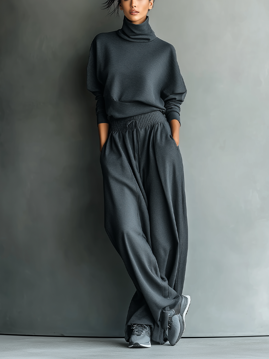 Conjunto de Malha Feminino em Antracite com Gola Alta e Calça de Perna Larga