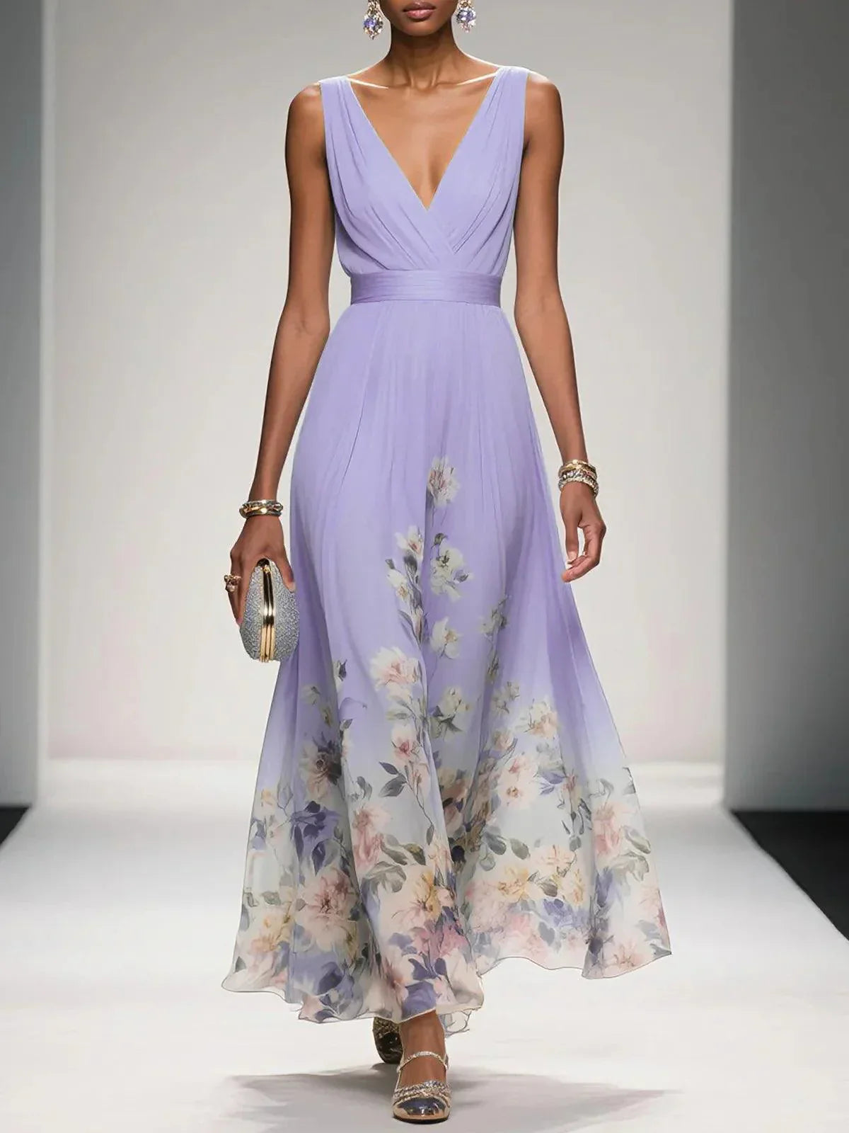 Rose | Hellblaues geblümtes Chiffon-Maxikleid mit V-Ausschnitt