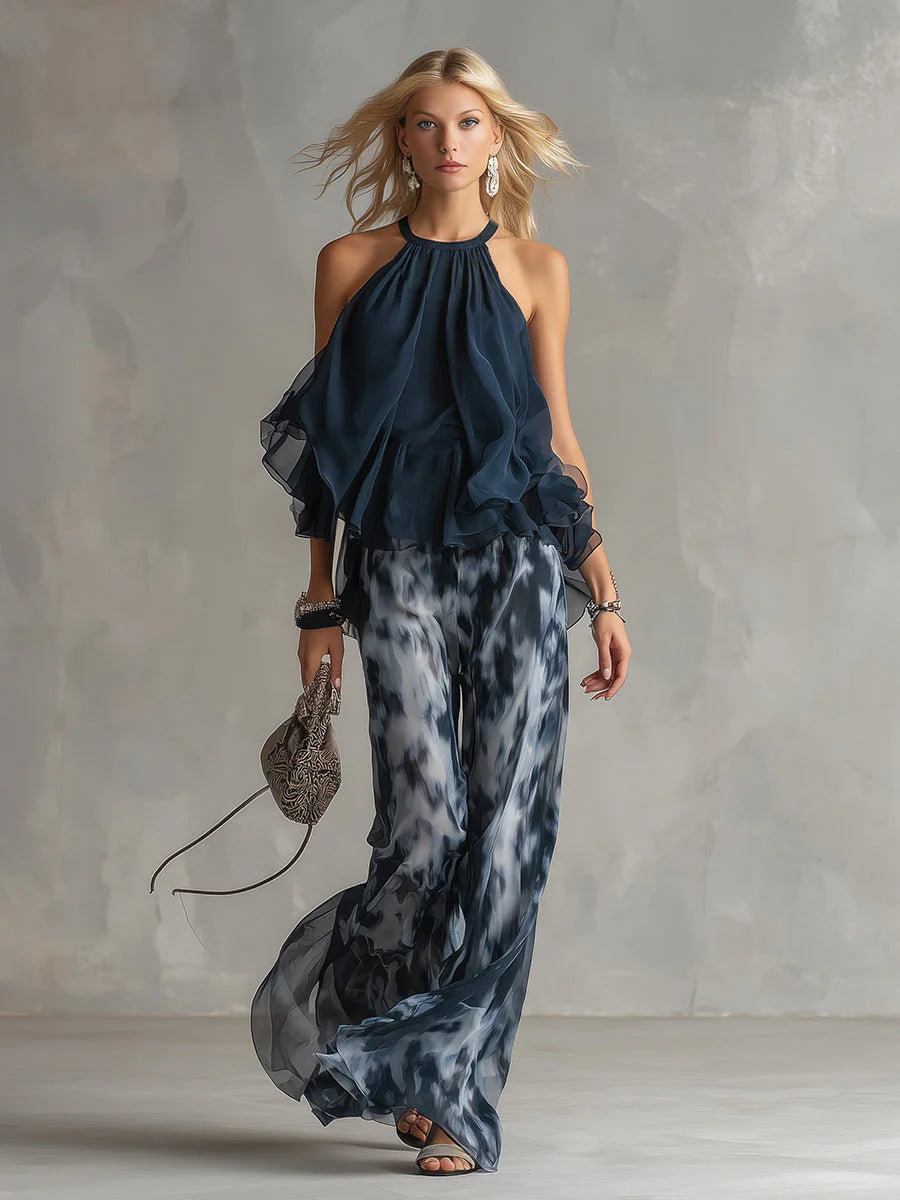 Ludovica – Elegantes Chiffon-Set mit hochgeschlossenem Oberteil und weit geschnittenen, bedruckten Hosen