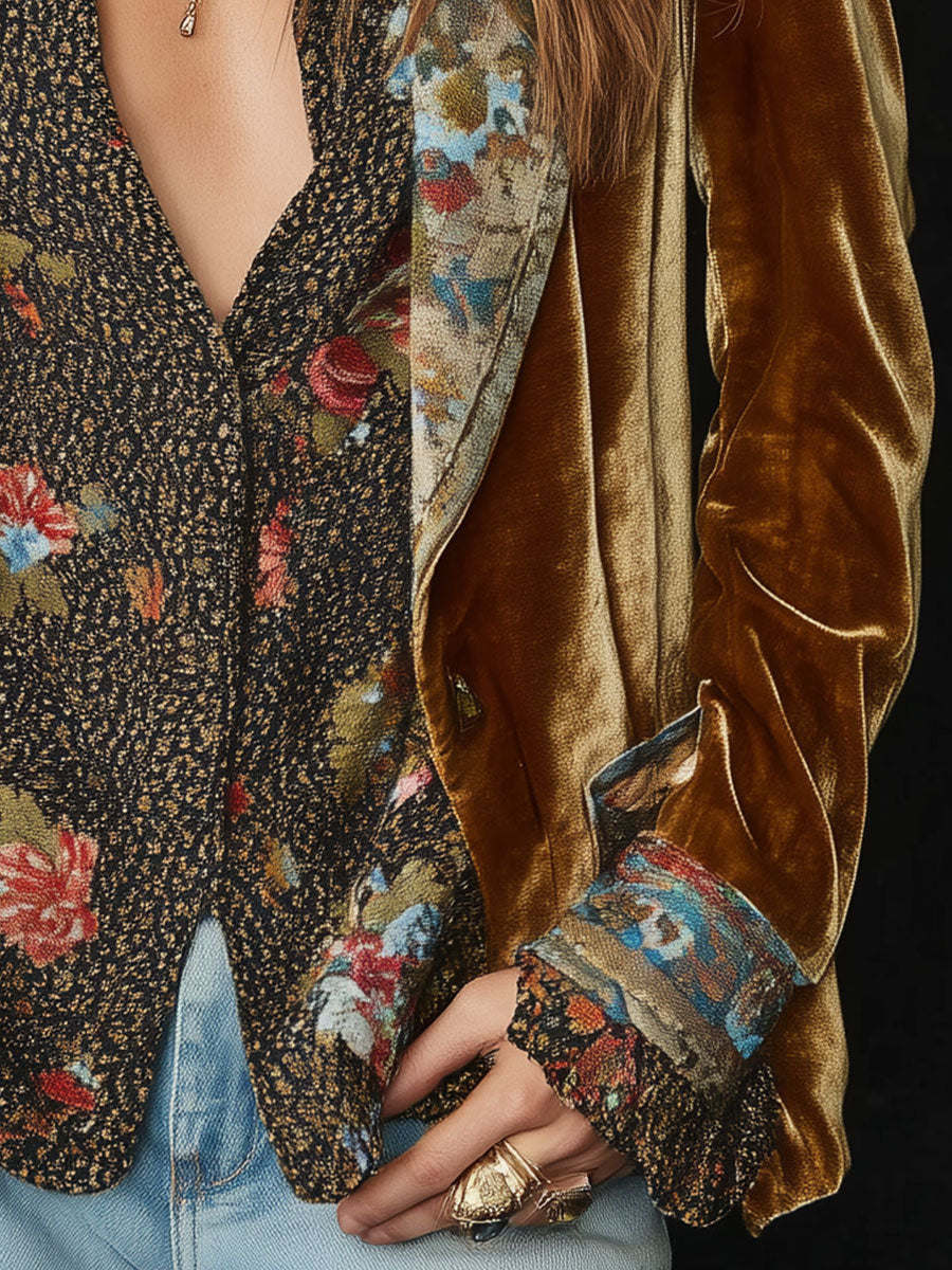 Blazer Vintage com Estampado Floral Patchwork para Mulher
