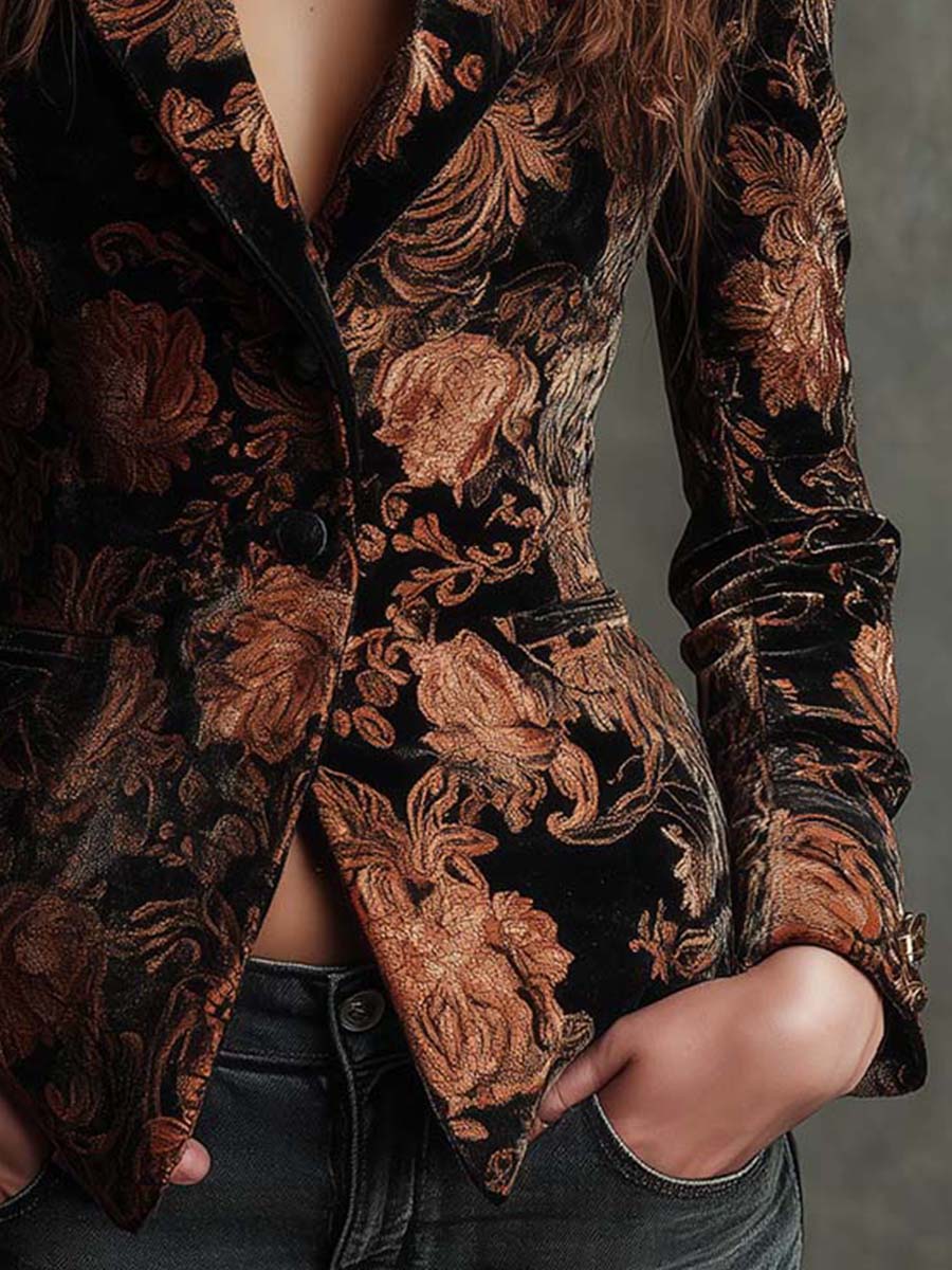 Blazer Entalhado Preto e Bronze com Padrão Floral para Mulher