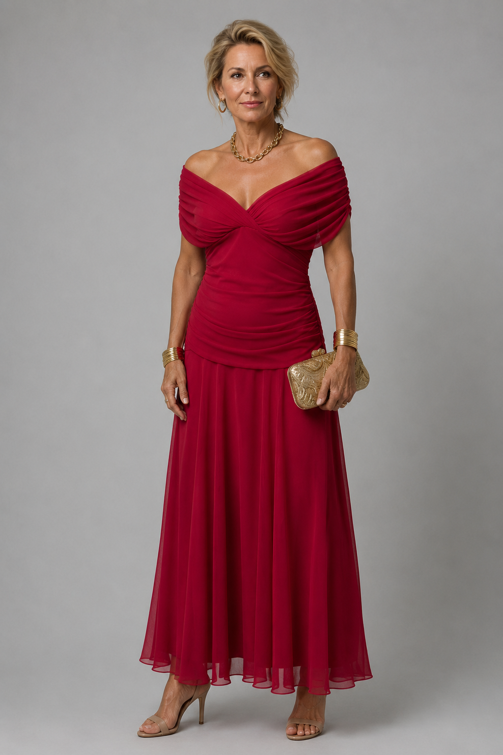 Ariane | Vestido Midi Drapeado de Ombros Descobertos