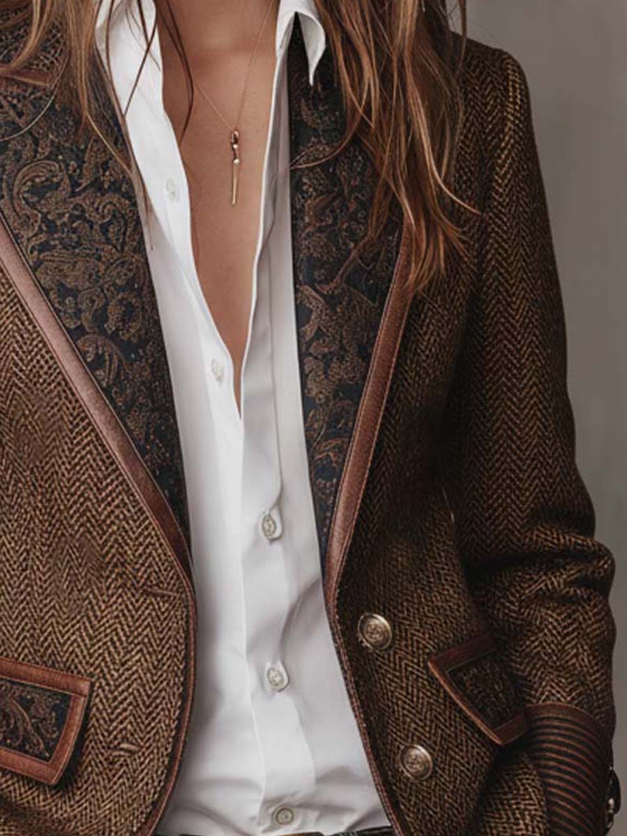 Blazer com Padrão Espinha de Peixe e Aplicações Estampadas para Mulher