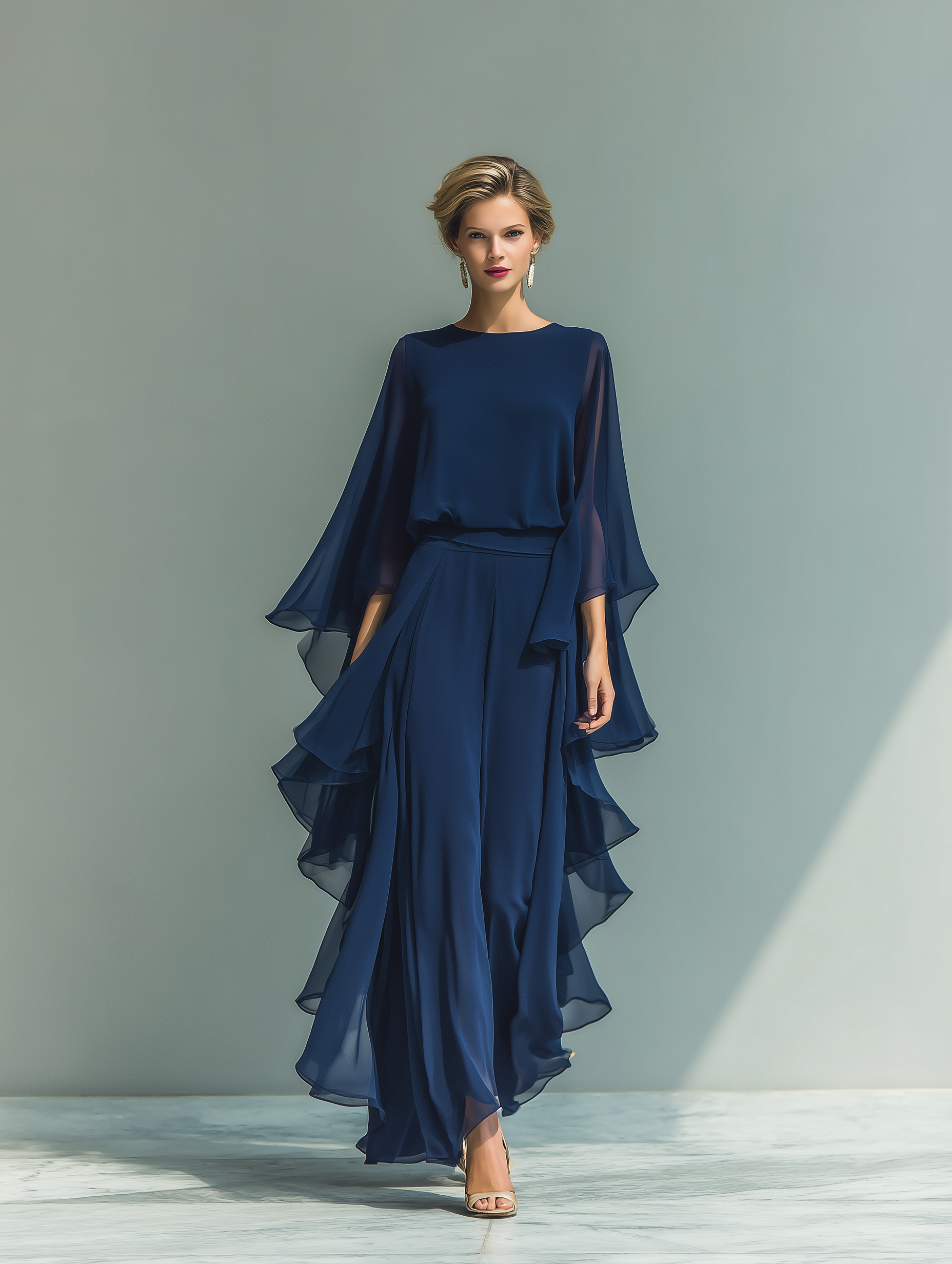 Érica - Conjunto de chiffon azul-marinho com folhos