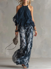 Ludovica – Elegantes Chiffon-Set mit hochgeschlossenem Oberteil und weit geschnittenen, bedruckten Hosen