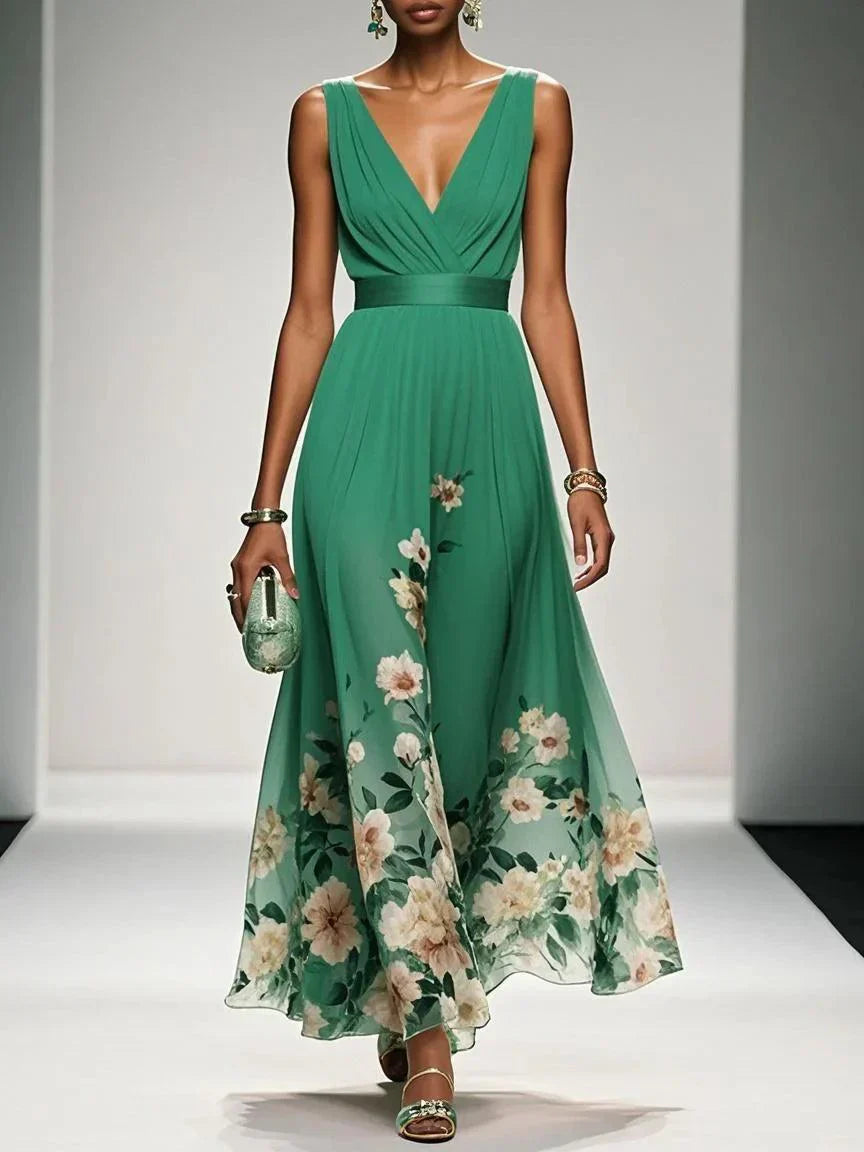 Rose | Hellblaues geblümtes Chiffon-Maxikleid mit V-Ausschnitt