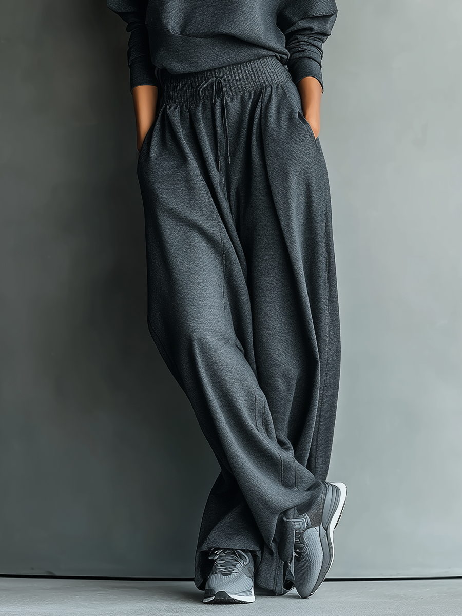 Conjunto de Malha Feminino em Antracite com Gola Alta e Calça de Perna Larga