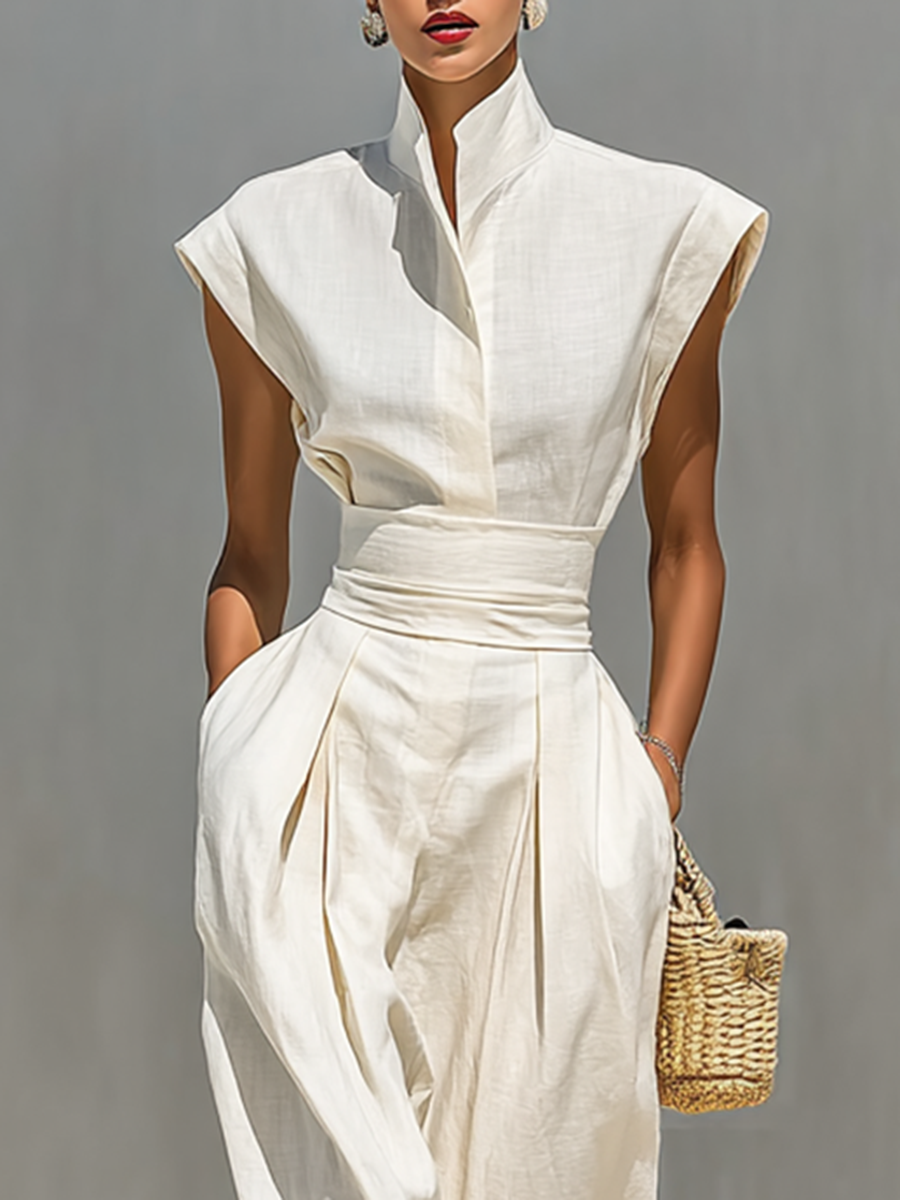 Damen Reine Baumwolle Revers Ärmel Taille Maxi Kleid