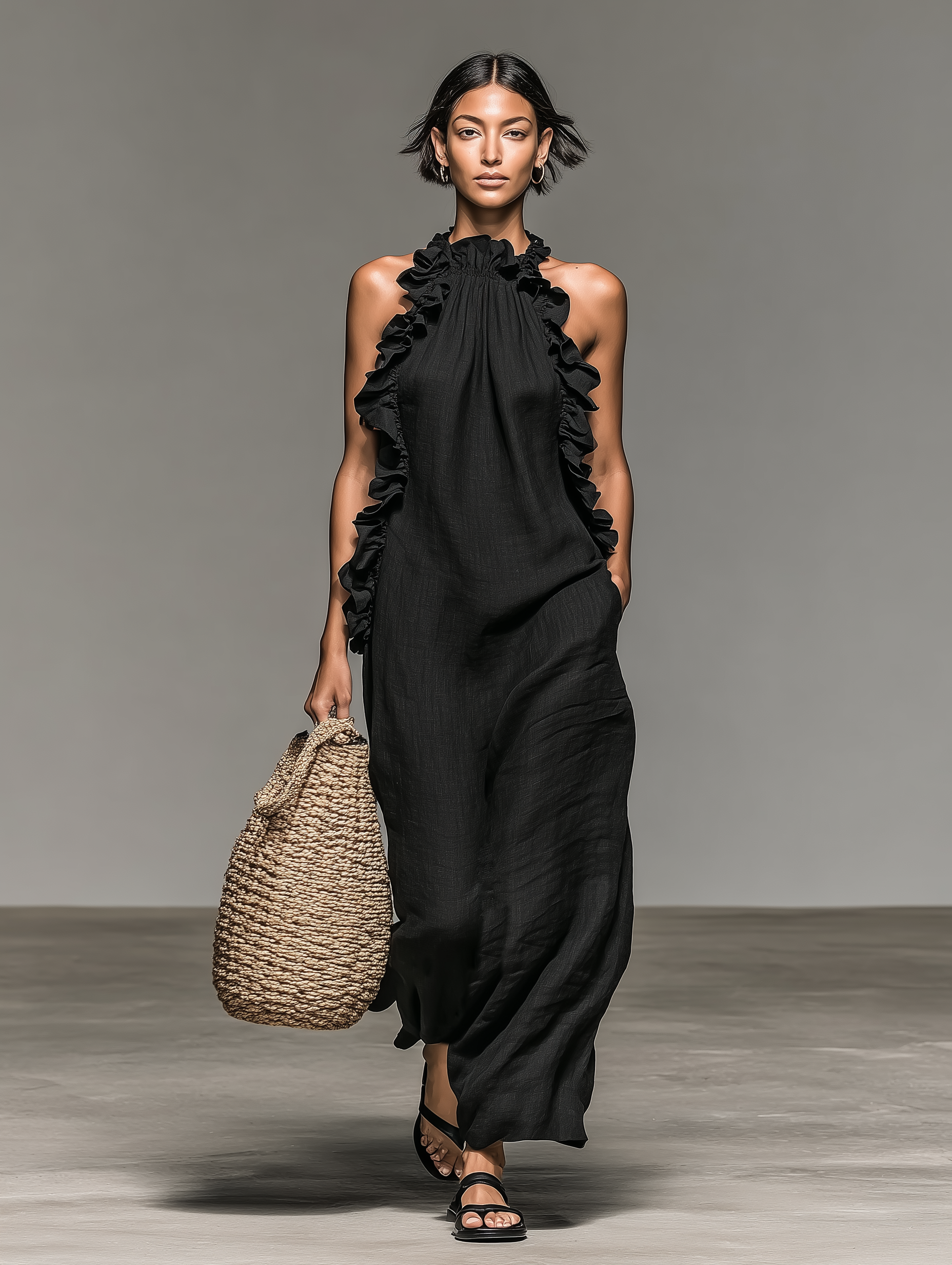 Vestido Maxi sem Mangas em Mistura de Linho com Detalhes de Folhos