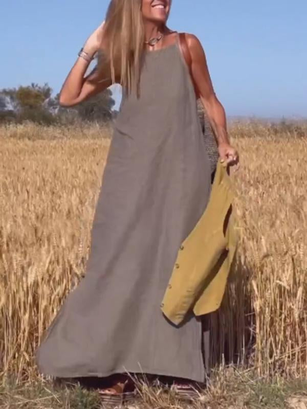 Lässiges langes Kleid aus Baumwolle und Leinen für Frauen