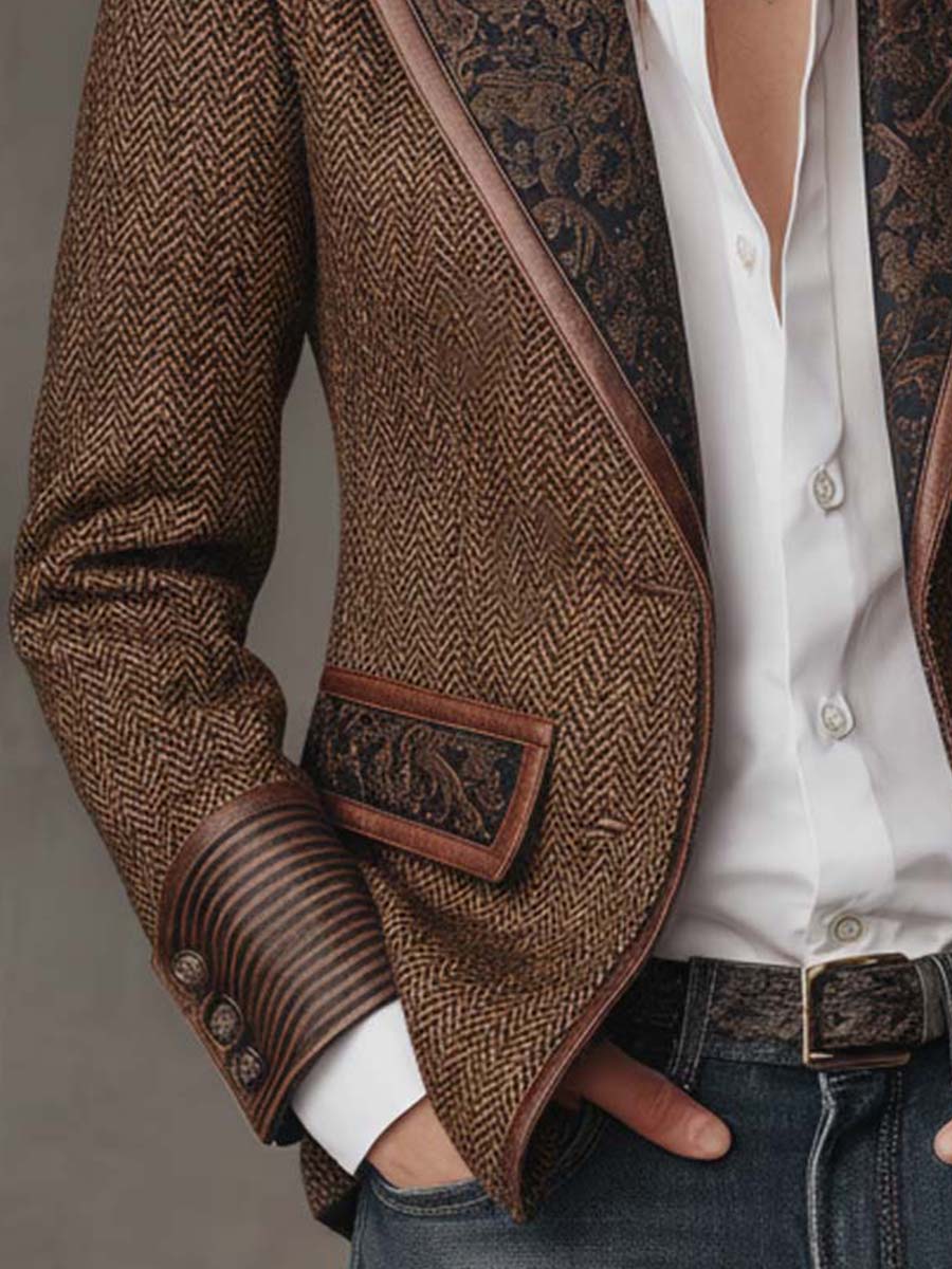 Blazer com Padrão Espinha de Peixe e Aplicações Estampadas para Mulher
