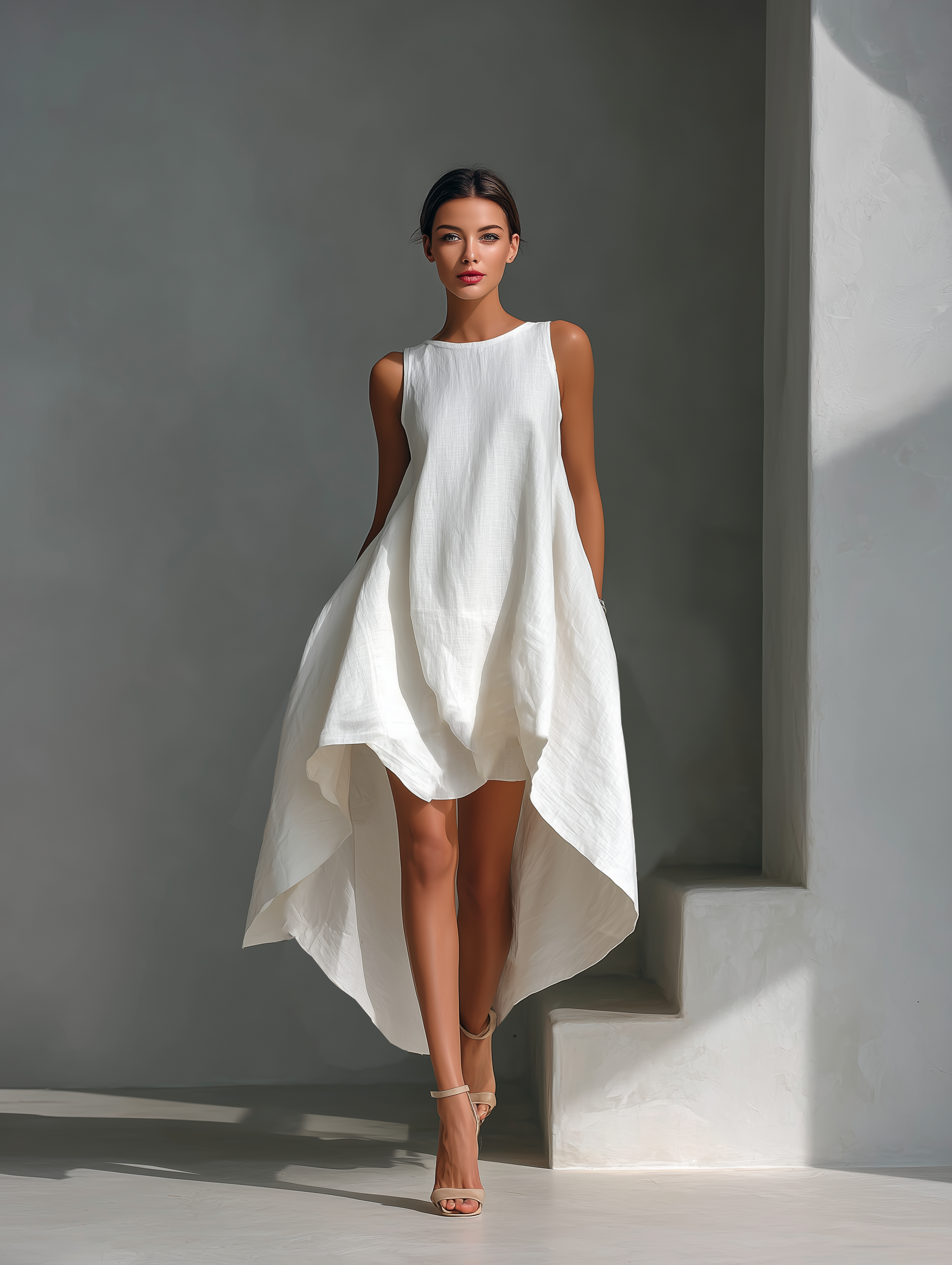 Weißes Midikleid aus Leinen mit Rundhalsausschnitt für Frauen