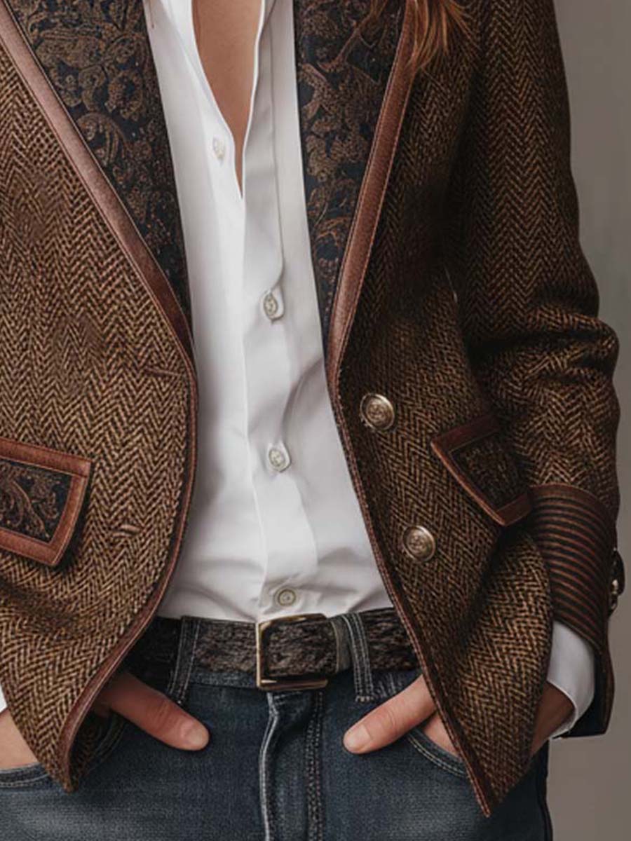 Blazer com Padrão Espinha de Peixe e Aplicações Estampadas para Mulher