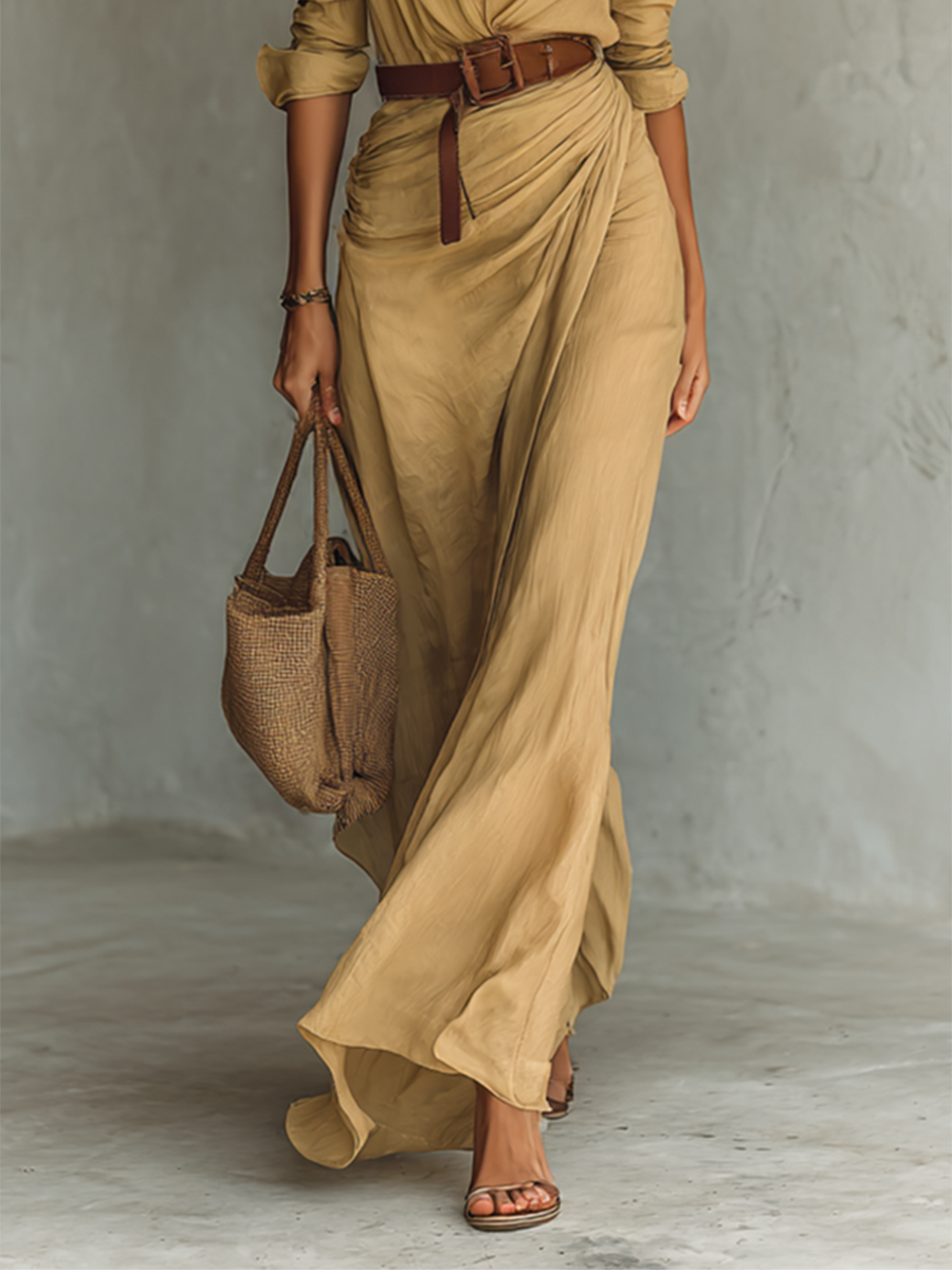 Filomena - Vestido maxi com gola virada e manga comprida