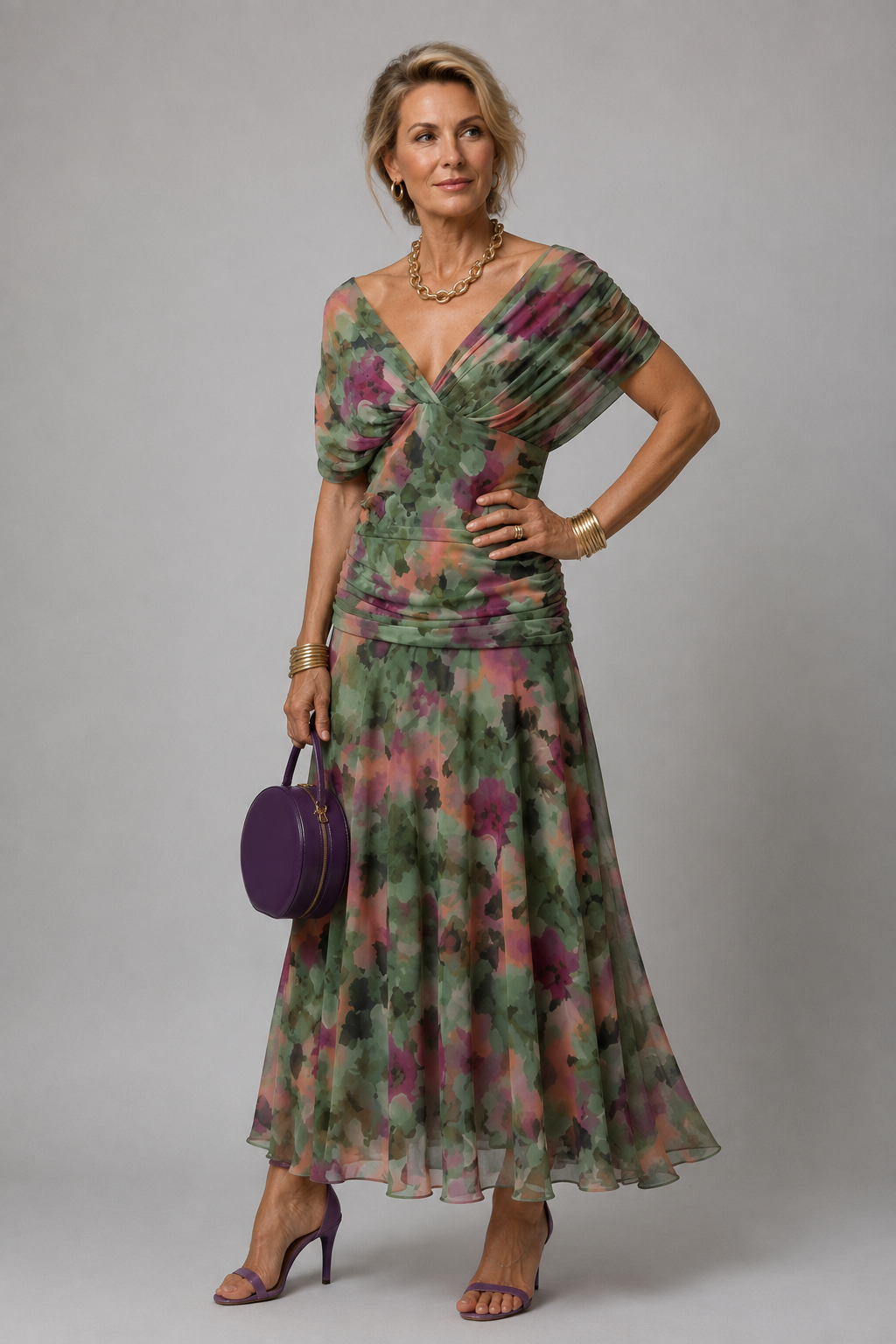 Ariane | Vestido Midi Drapeado de Ombros Descobertos