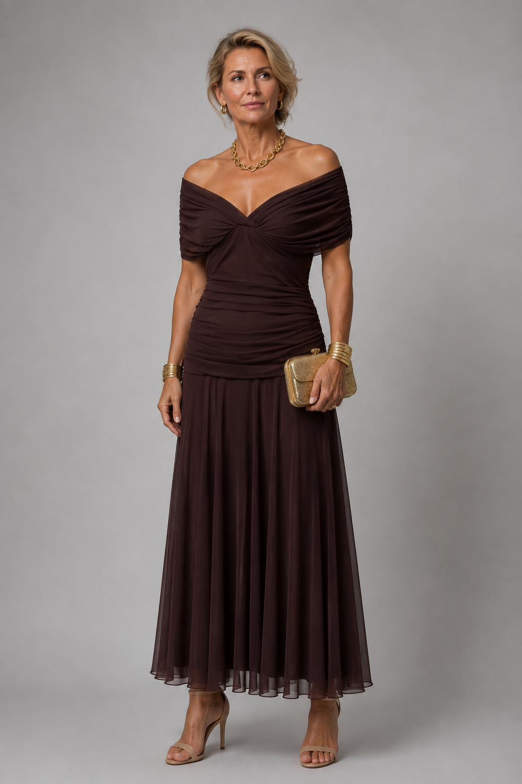 Ariane | Vestido Midi Drapeado de Ombros Descobertos