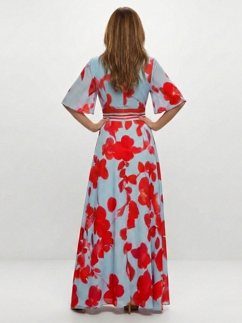 Corinne | V-Ausschnitt Kurzärmeliges Florales Maxikleid