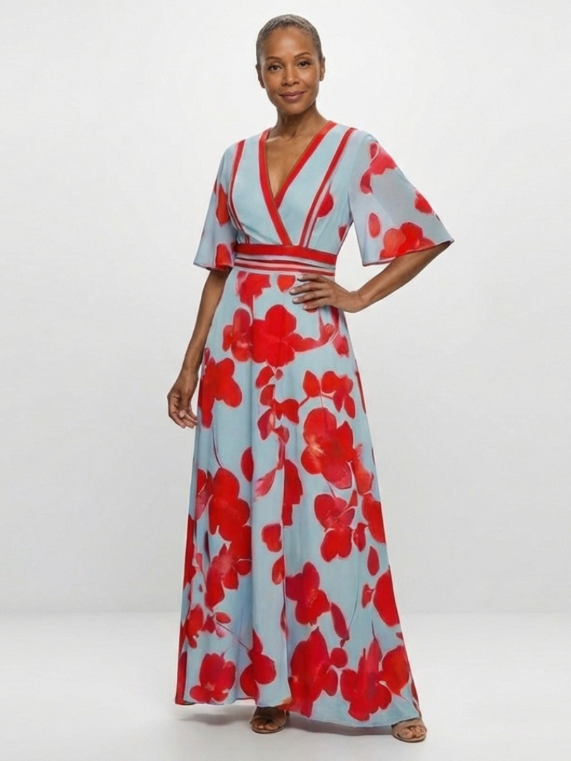 Corinne | V-Ausschnitt Kurzärmeliges Florales Maxikleid