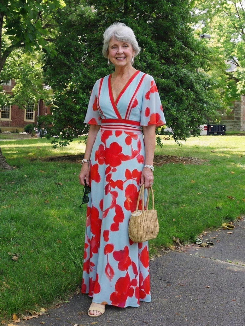 Corinne | V-Ausschnitt Kurzärmeliges Florales Maxikleid