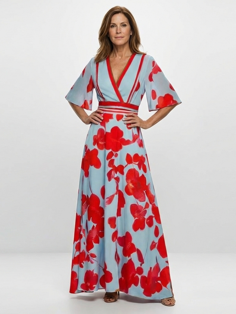 Corinne | V-Ausschnitt Kurzärmeliges Florales Maxikleid