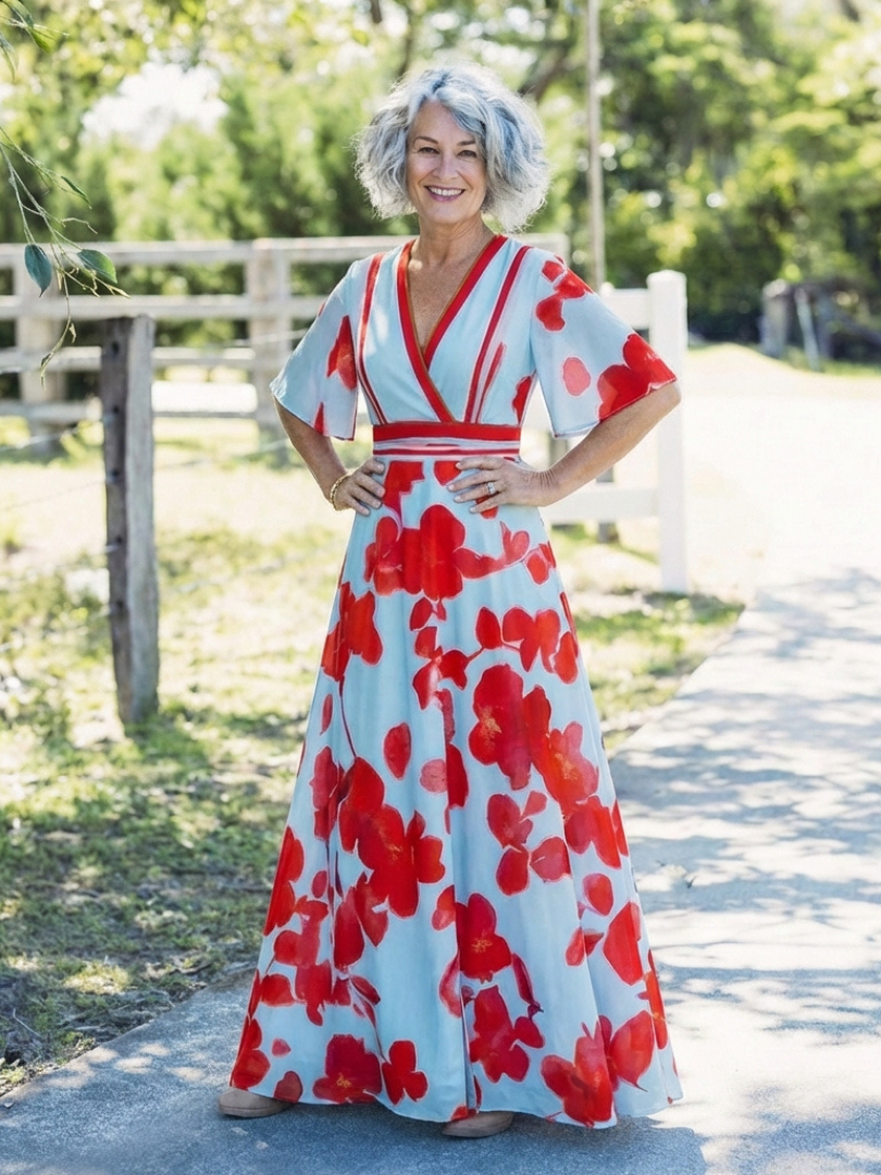 Corinne | V-Ausschnitt Kurzärmeliges Florales Maxikleid
