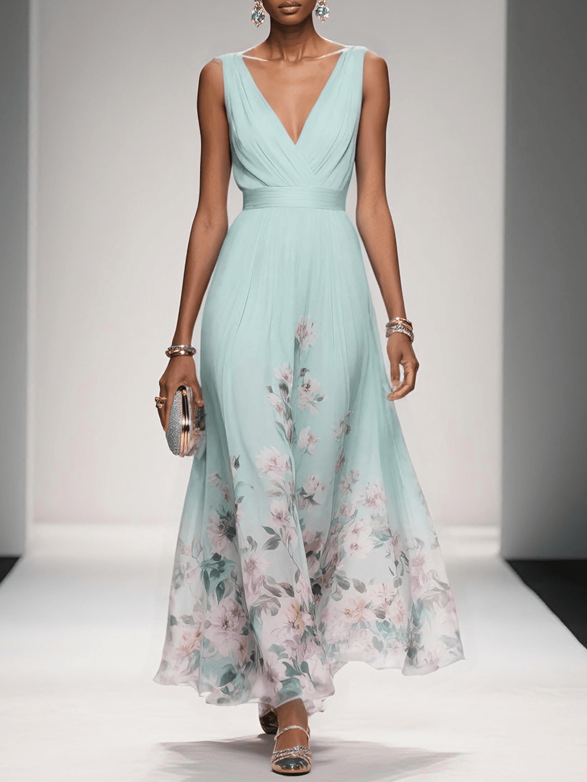 Rose | Hellblaues geblümtes Chiffon-Maxikleid mit V-Ausschnitt