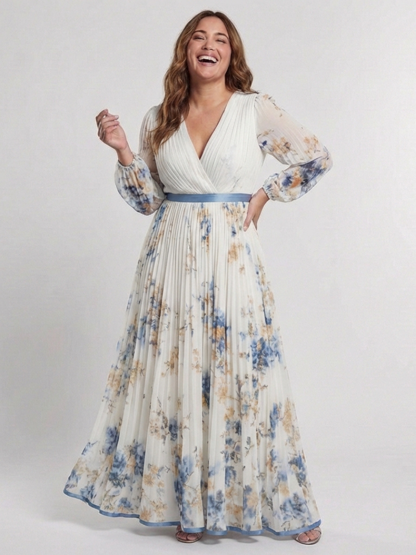 Lavinia | Langärmliges Maxikleid mit Blumenmuster und V-Ausschnitt